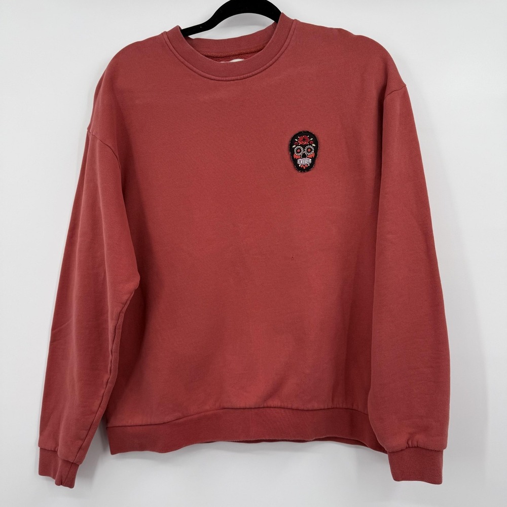 Suspicious Antwerp Sweatshirt Womens Large Coral Crewneck Embroidered Skull‎